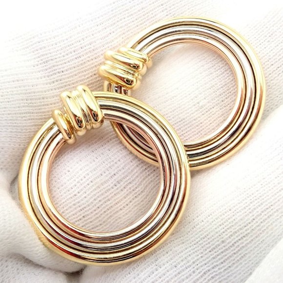 Authentic! Cartier 18k Tri-Color Gold Large Trinity Hoop Earrings - Picture 9 of 12
